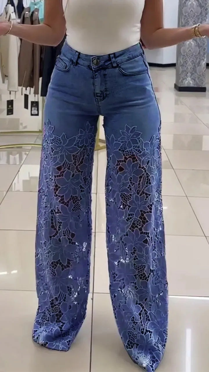 Y2K Lace Flowers Hollow Jeans Fashion High Waist Straight Wide Leg Pants Solid Color Trousers Women's Clothing - Grab & Glow