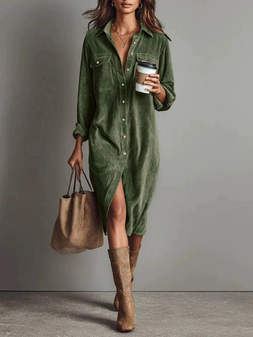 Long Sleeve Turn-Down Collar Button Dress - Grab & Glow