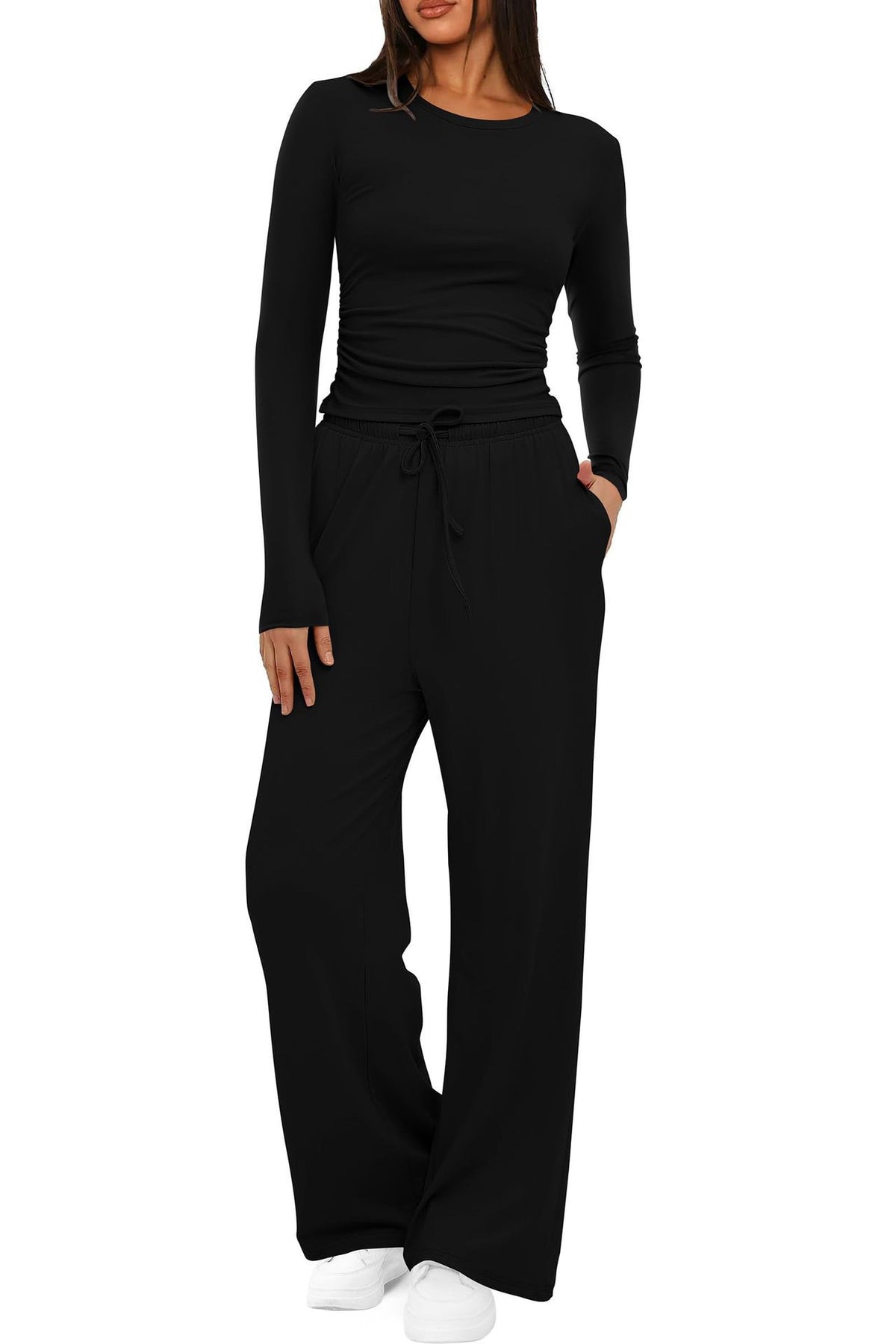 2 Pieces Women's Suit Autumn Winte Long Sleeve Tops High Waisted Wide Leg Pants Sportswear Female Clothes Solid Color Casual Suit - Grab & Glow