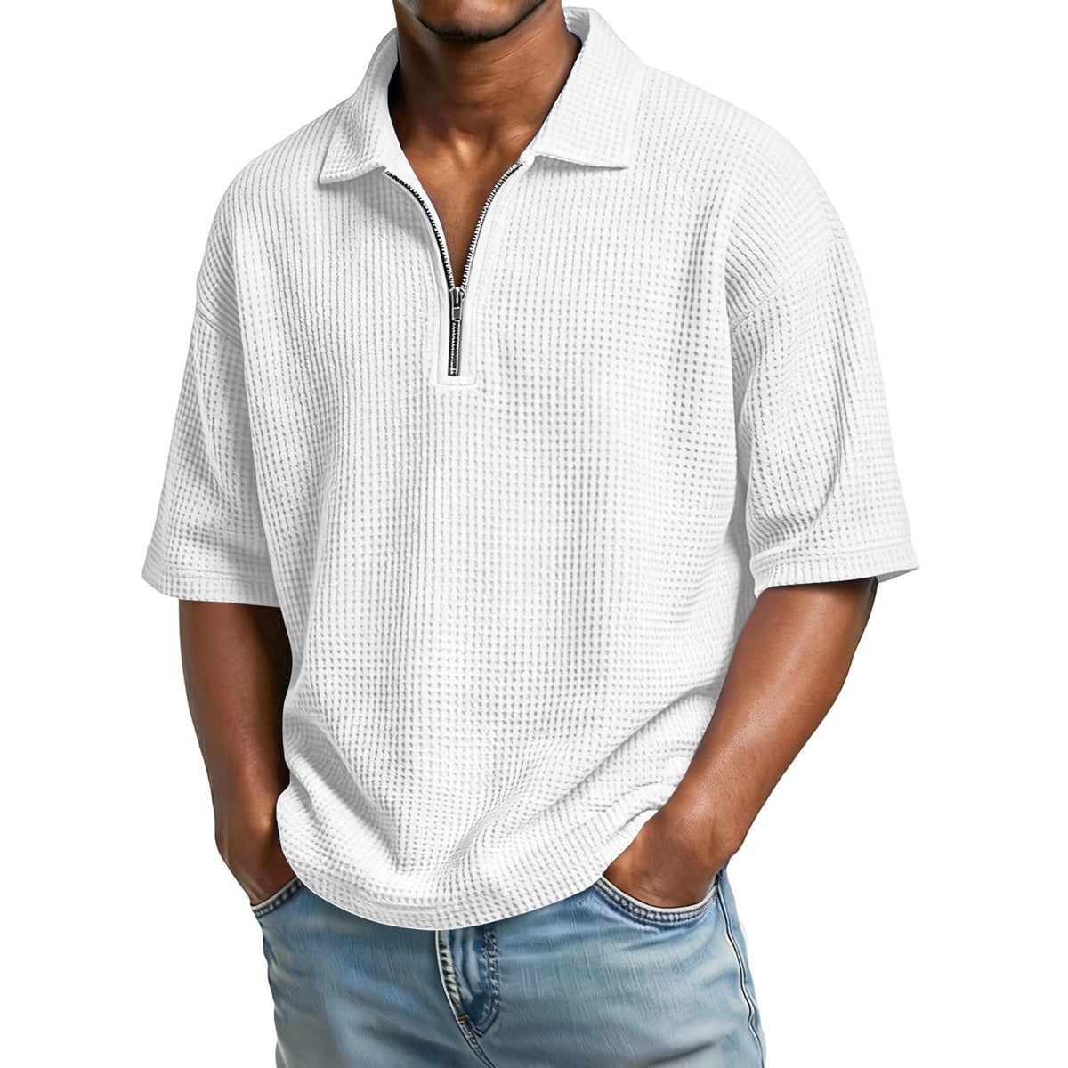 Men's Waffle-Weave Short-Sleeved Shirts Summer Solid Color Lapel Polo Shirt T-Shirt Beach Style Tops - Grab & Glow