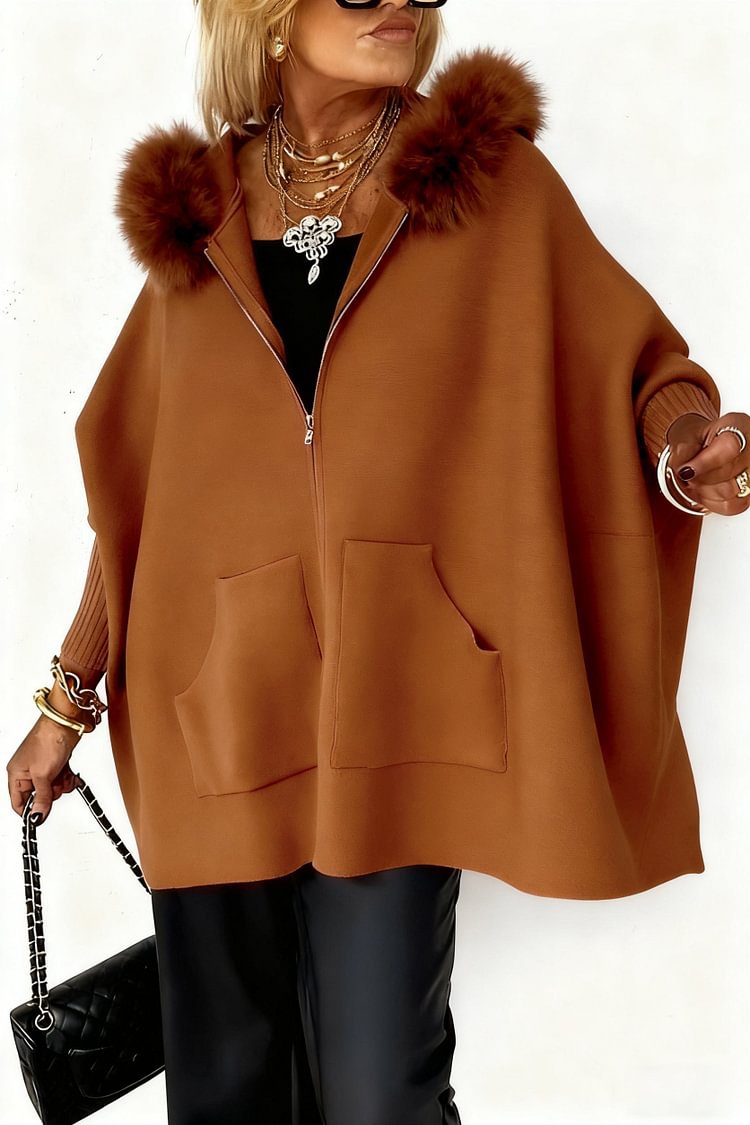 Ins Plush Hooded Cardigan Fashion Warm Pockets Zip-up Knitted Jacket Casual Outerwear Batwing Sleeve Sweater Women's Clothing - Grab & Glow