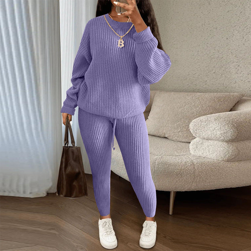 Winter Ribbed Knit Suits Fashion Loose Pullover Sweater Top And Drawstring Pants For Women Trouser Set Clothing - Grab & Glow