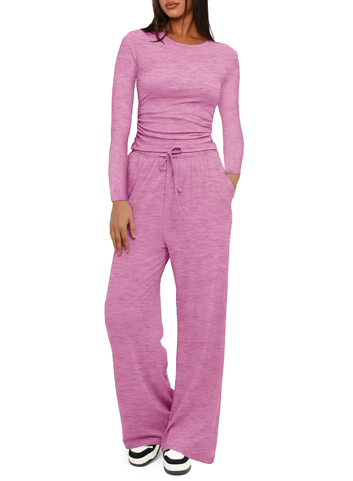 2 Pieces Women's Suit Autumn Winte Long Sleeve Tops High Waisted Wide Leg Pants Sportswear Female Clothes Solid Color Casual Suit - Grab & Glow