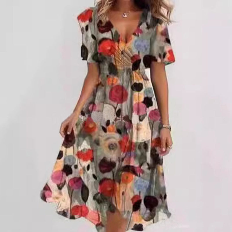 Flowers Printed V-neck Dress Summer A-line Short-sleeved Dresses For Women - Grab & Glow