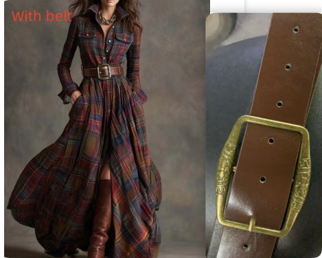 Ins Plaid Print Long-Sleeved Dress Fashion Pockets Collared Buttons Shirt Long Dresses Retro Women's Clothing - Grab & Glow