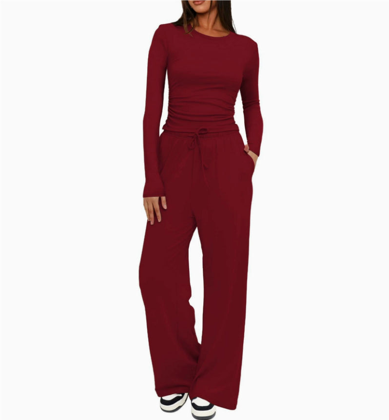 2 Pieces Women's Suit Autumn Winte Long Sleeve Tops High Waisted Wide Leg Pants Sportswear Female Clothes Solid Color Casual Suit - Grab & Glow