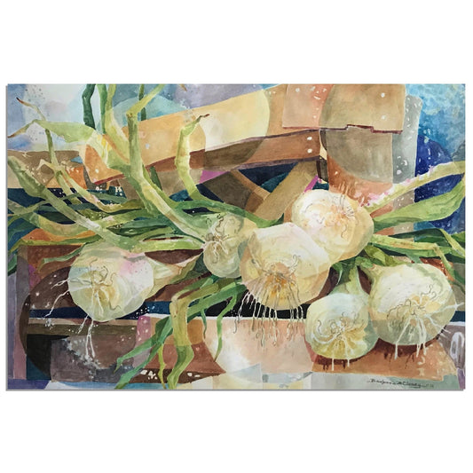 'Onions' Still Life Watercolor I 12x18 Museum-Quality Matte Paper Poster | Original Artwork by American Artist Barbara Cleary - Grab & Glow
