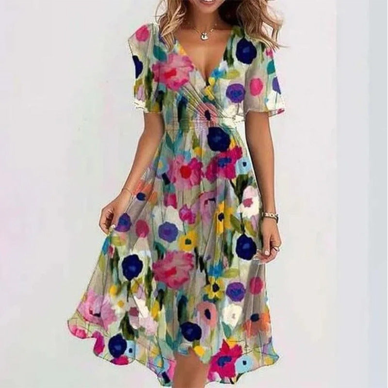 Flowers Printed V-neck Dress Summer A-line Short-sleeved Dresses For Women - Grab & Glow