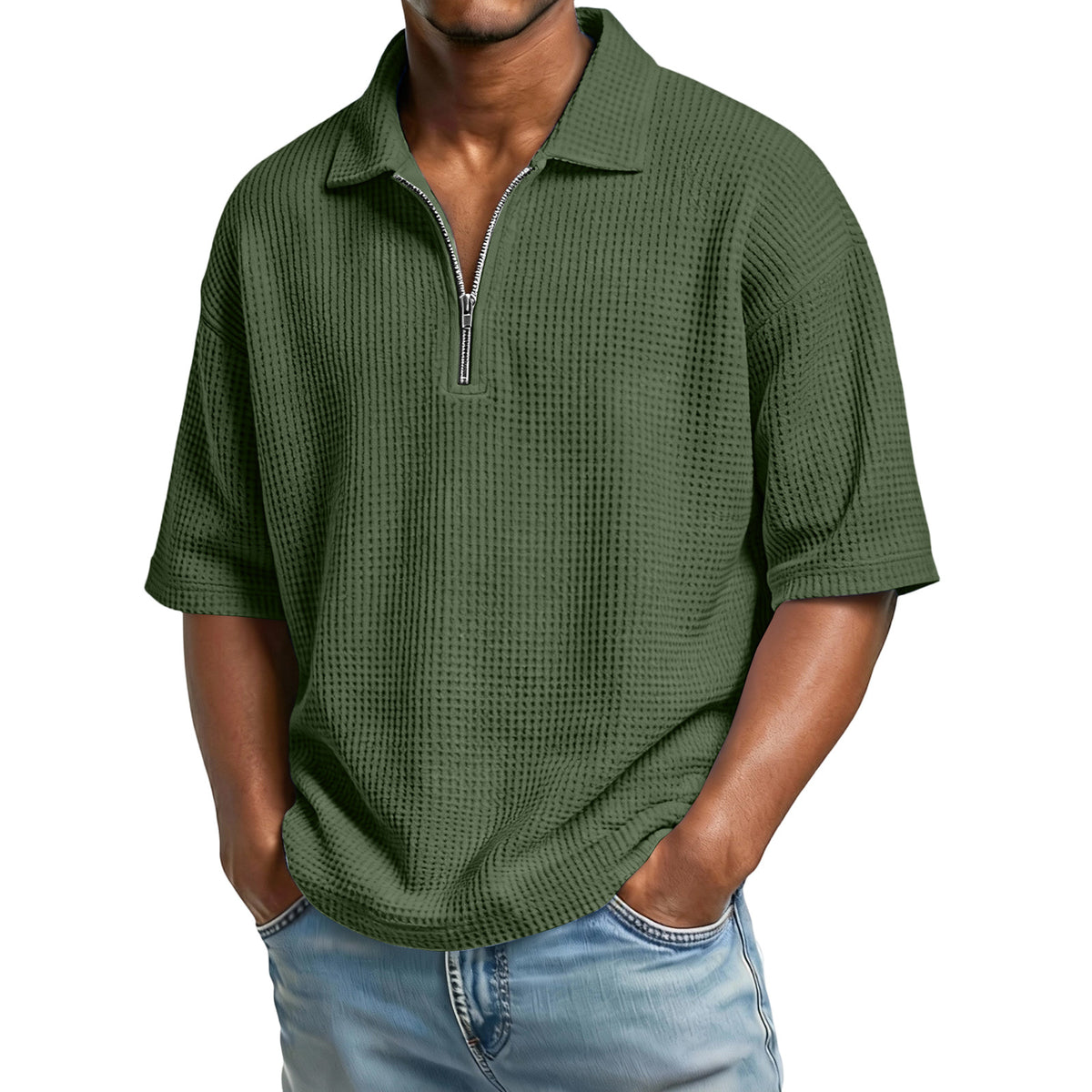 Men's Waffle-Weave Short-Sleeved Shirts Summer Solid Color Lapel Polo Shirt T-Shirt Beach Style Tops - Grab & Glow