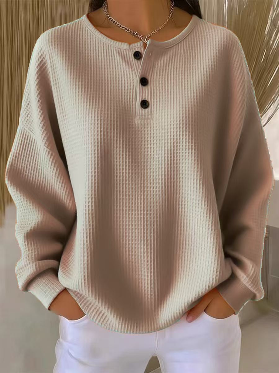 Ins Waffle Long-sleeved T-shirt Fashion Solid Color Buttons Round Neck Pullover Top Women's Clothing - Grab & Glow