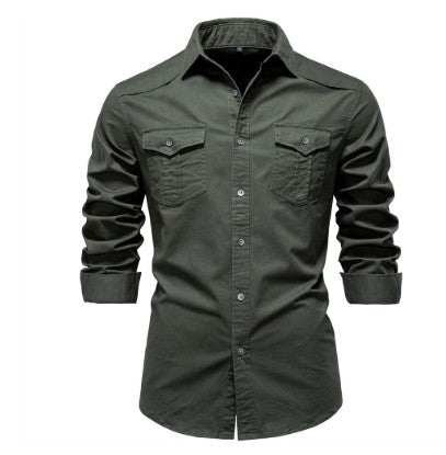 Men's Long-sleeved Denim Shirt Casual Solid Button Slim Tops Clothing - Grab & Glow
