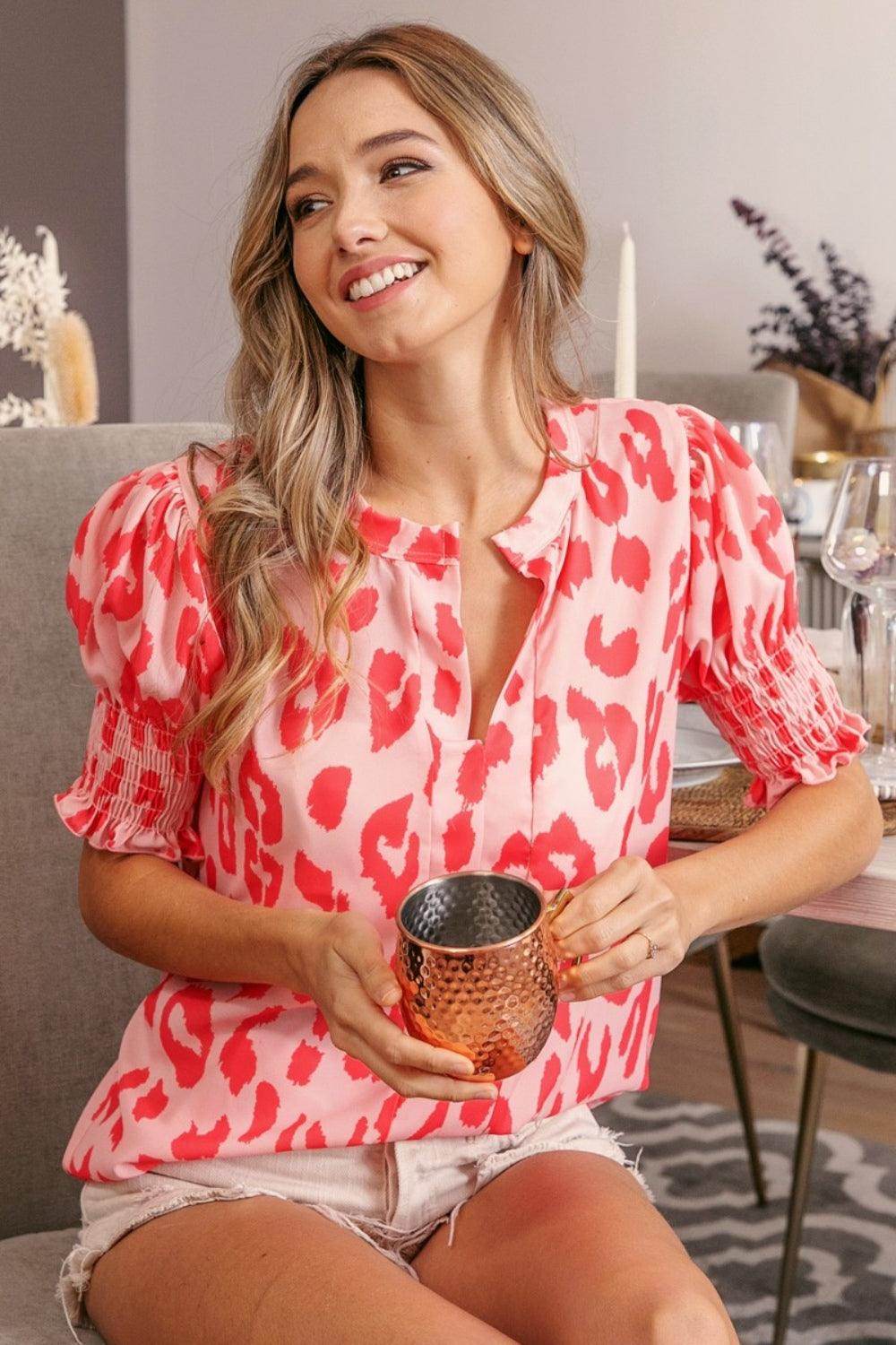 BiBi Leopard Smocked Short Sleeve Blouse for Trendy Style - Grab & Glow