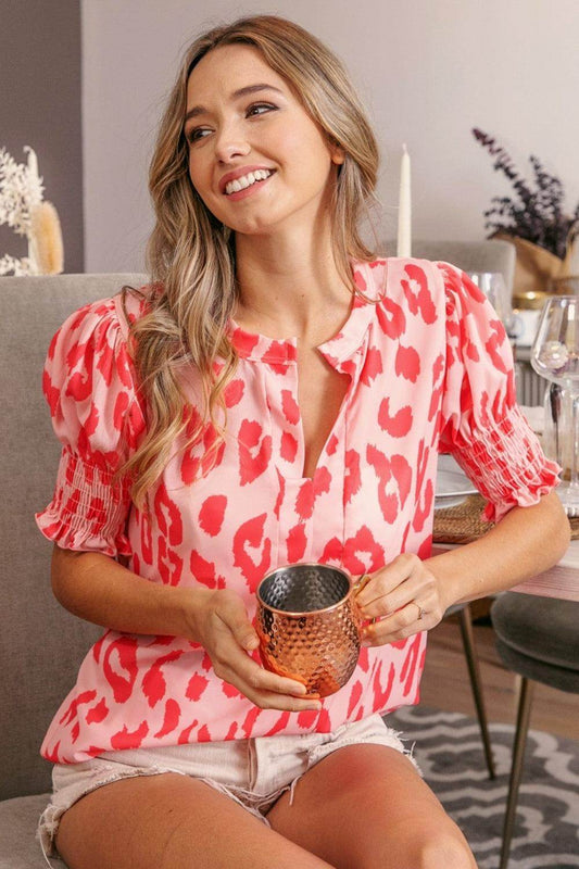 BiBi Leopard Smocked Short Sleeve Blouse for Trendy Style - Grab & Glow