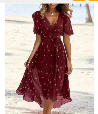 Flowers Printed V-neck Dress Summer A-line Short-sleeved Dresses For Women - Grab & Glow