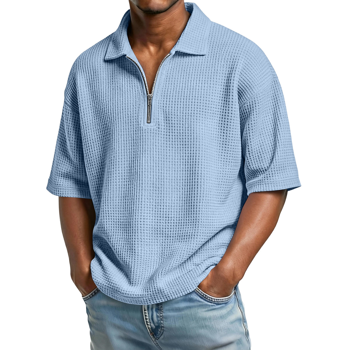 Men's Waffle-Weave Short-Sleeved Shirts Summer Solid Color Lapel Polo Shirt T-Shirt Beach Style Tops - Grab & Glow