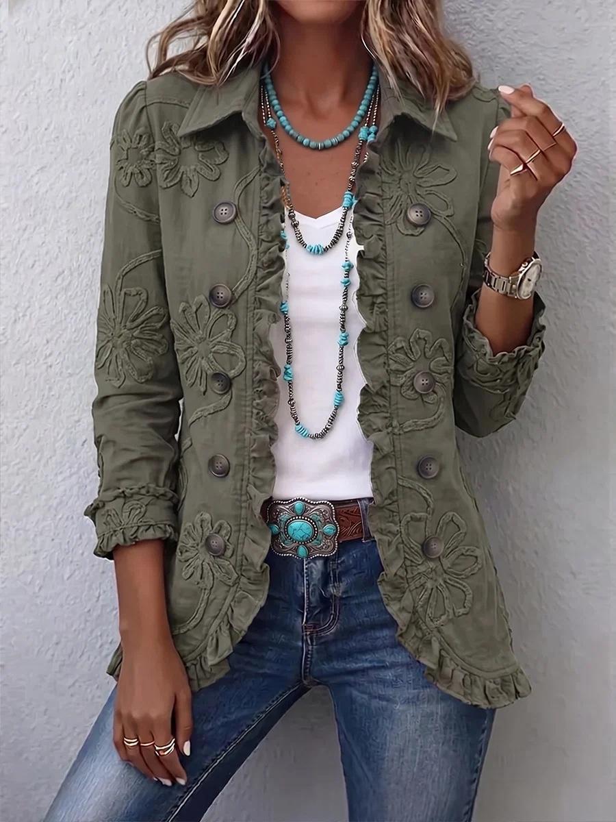 Ruffled Jacket Solid Color Pleated Lapel Blazer Women's Fashion Casual Printed Suit Jacket Office Wear Clothing - Grab & Glow