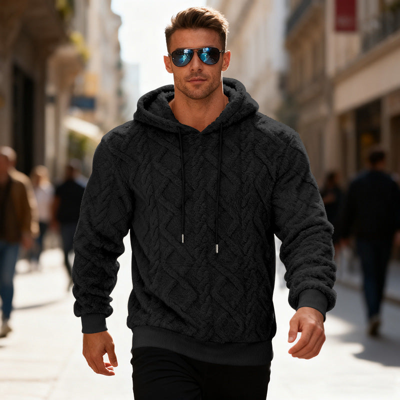 Plush Hooded Sweatshirt Winter Warm Long-sleeved Pullover Top Men's Casual Solid Color Fleece Hoodie Clothing - Grab & Glow