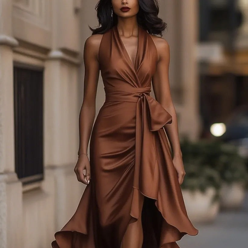 Elegant Deep V-neck Irregular Women's Ruffled Ruffled Evening Dress Gowns Solid Color Lace-up High Waist Satin Party Dresses Wedding Guests Dress - Grab & Glow