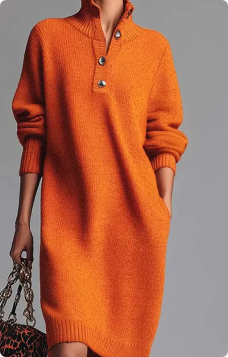 Long-sleeved Sweater Dress Fashion Warm Stand-up Collar V-neck Button Pullover Dresses Winter Casual Commuting Women's Clothing - Grab & Glow