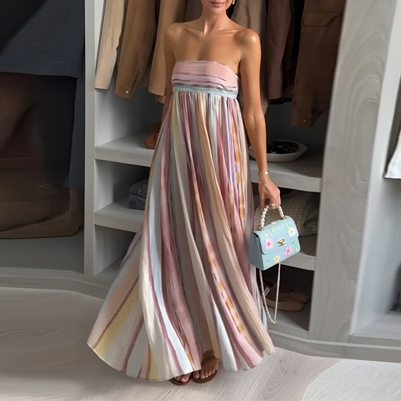 Women's Sexy Tube Top Backless Printed Color Swing Maxi Dress - Grab & Glow