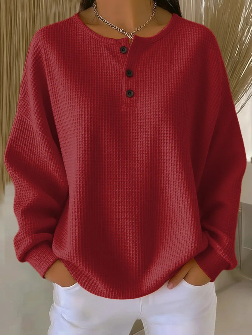 Ins Waffle Long-sleeved T-shirt Fashion Solid Color Buttons Round Neck Pullover Top Women's Clothing - Grab & Glow