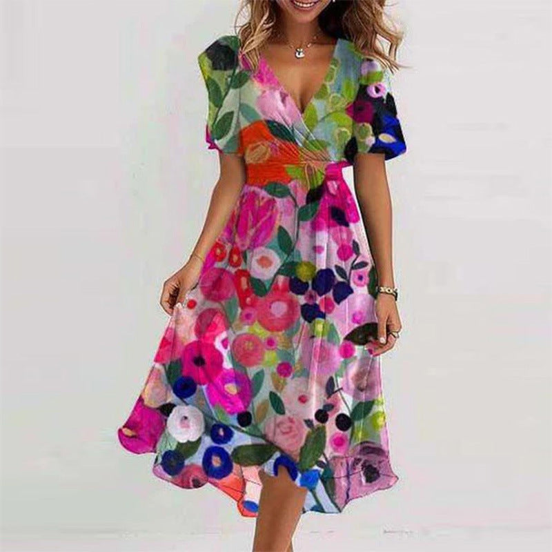 Flowers Printed V-neck Dress Summer A-line Short-sleeved Dresses For Women - Grab & Glow