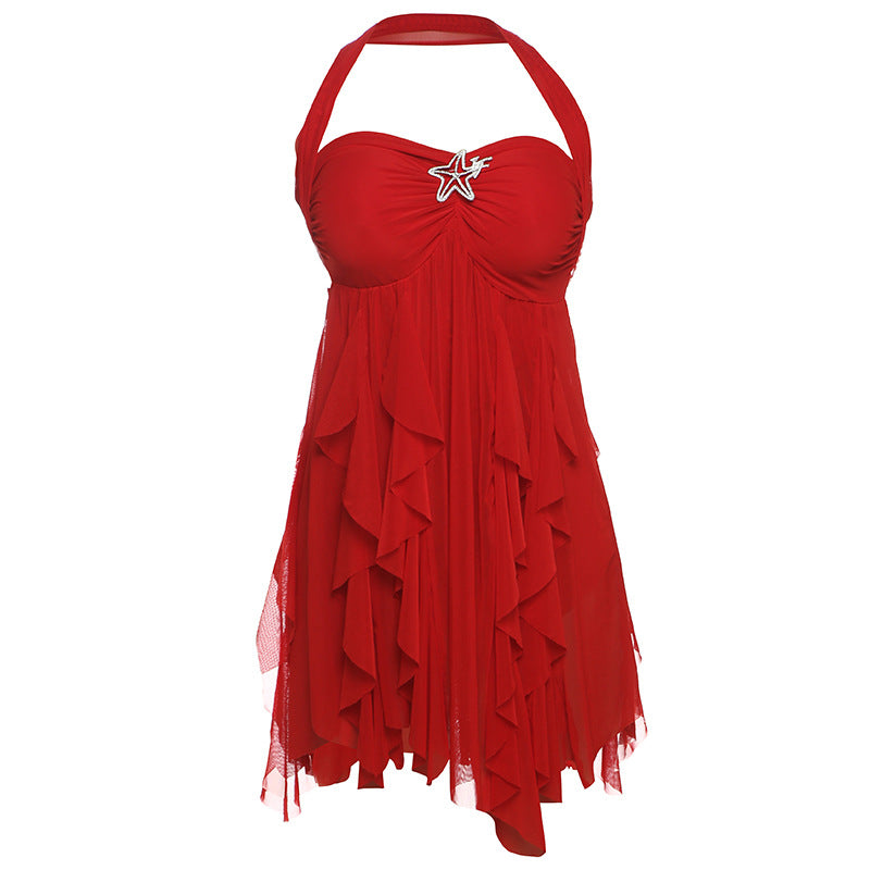 Ins Halter Neck Backless Dress Summer Sexy Printed Irregular Mesh Short Dresses For Evening Party Club Women's Clothing - Grab & Glow