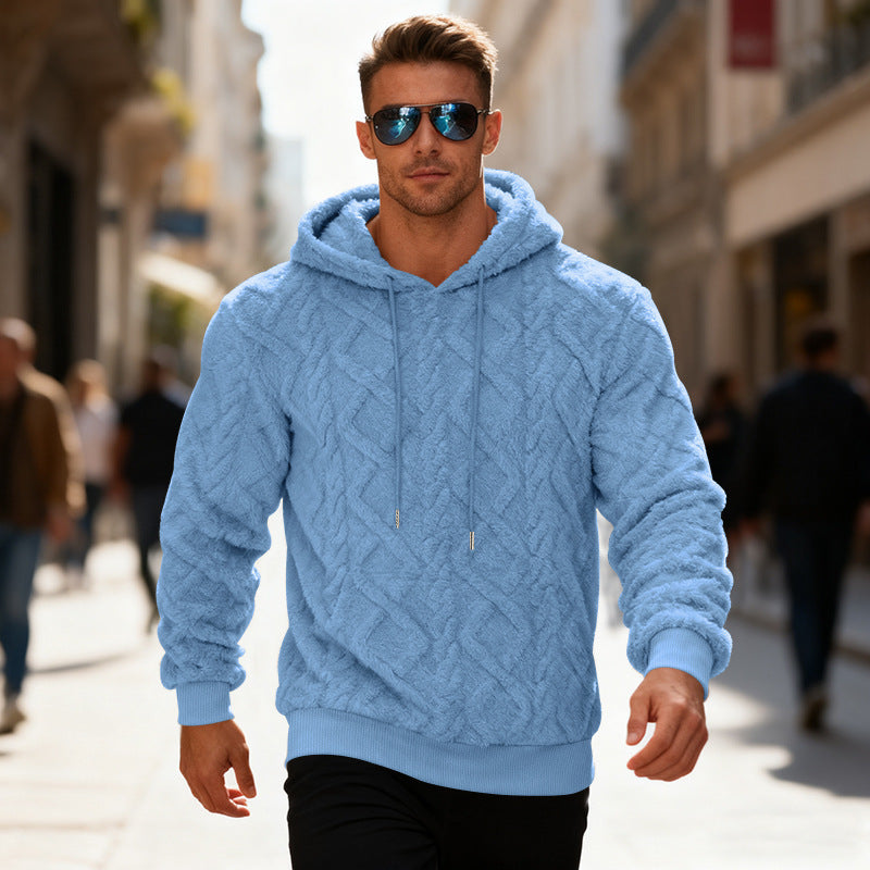 Plush Hooded Sweatshirt Winter Warm Long-sleeved Pullover Top Men's Casual Solid Color Fleece Hoodie Clothing - Grab & Glow