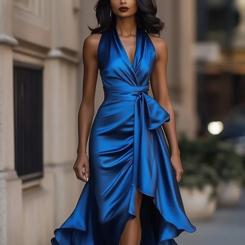 Elegant Deep V-neck Irregular Women's Ruffled Ruffled Evening Dress Gowns Solid Color Lace-up High Waist Satin Party Dresses Wedding Guests Dress - Grab & Glow
