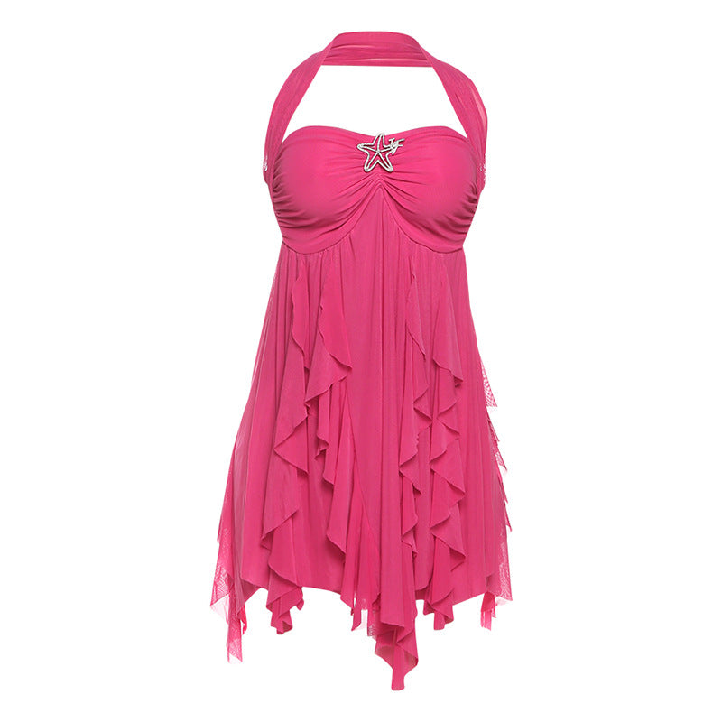 Ins Halter Neck Backless Dress Summer Sexy Printed Irregular Mesh Short Dresses For Evening Party Club Women's Clothing - Grab & Glow