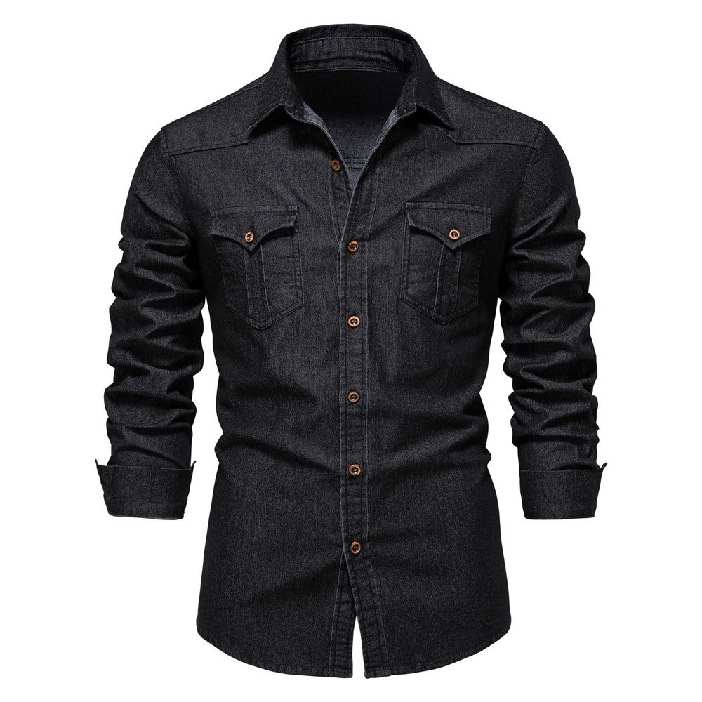 Men's Long-sleeved Denim Shirt Casual Solid Button Slim Tops Clothing - Grab & Glow
