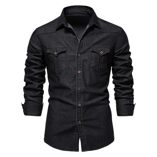Men's Long-sleeved Denim Shirt Casual Solid Button Slim Tops Clothing - Grab & Glow