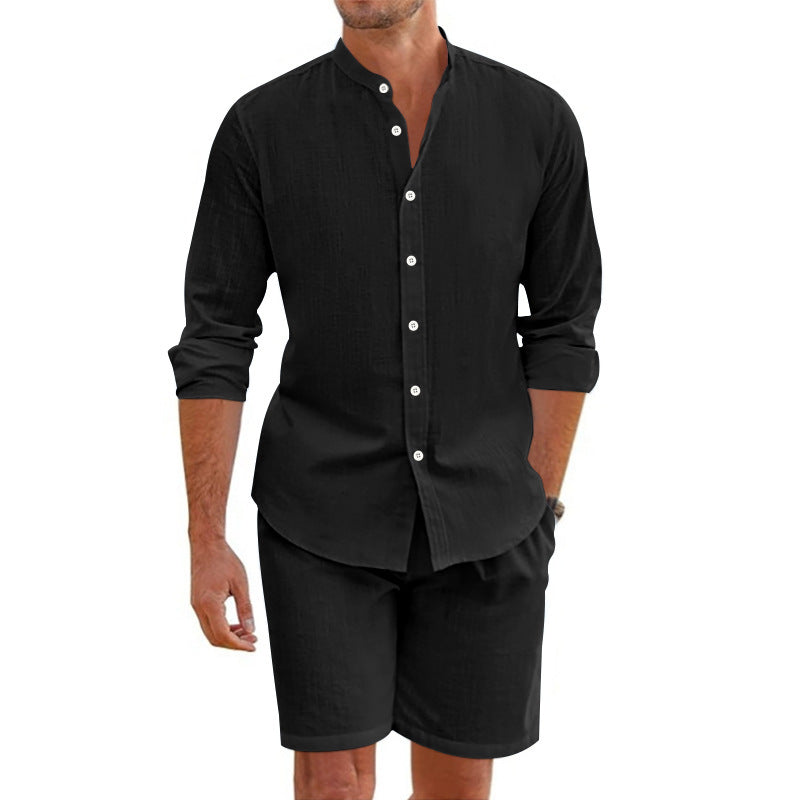 Summer Short Shirt Suit Fashion Lapel Button Down Short Sleeve Top And Drawstring Shorts Beach Clothing For Men - Grab & Glow