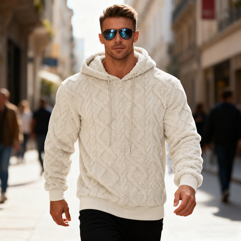 Plush Hooded Sweatshirt Winter Warm Long-sleeved Pullover Top Men's Casual Solid Color Fleece Hoodie Clothing - Grab & Glow