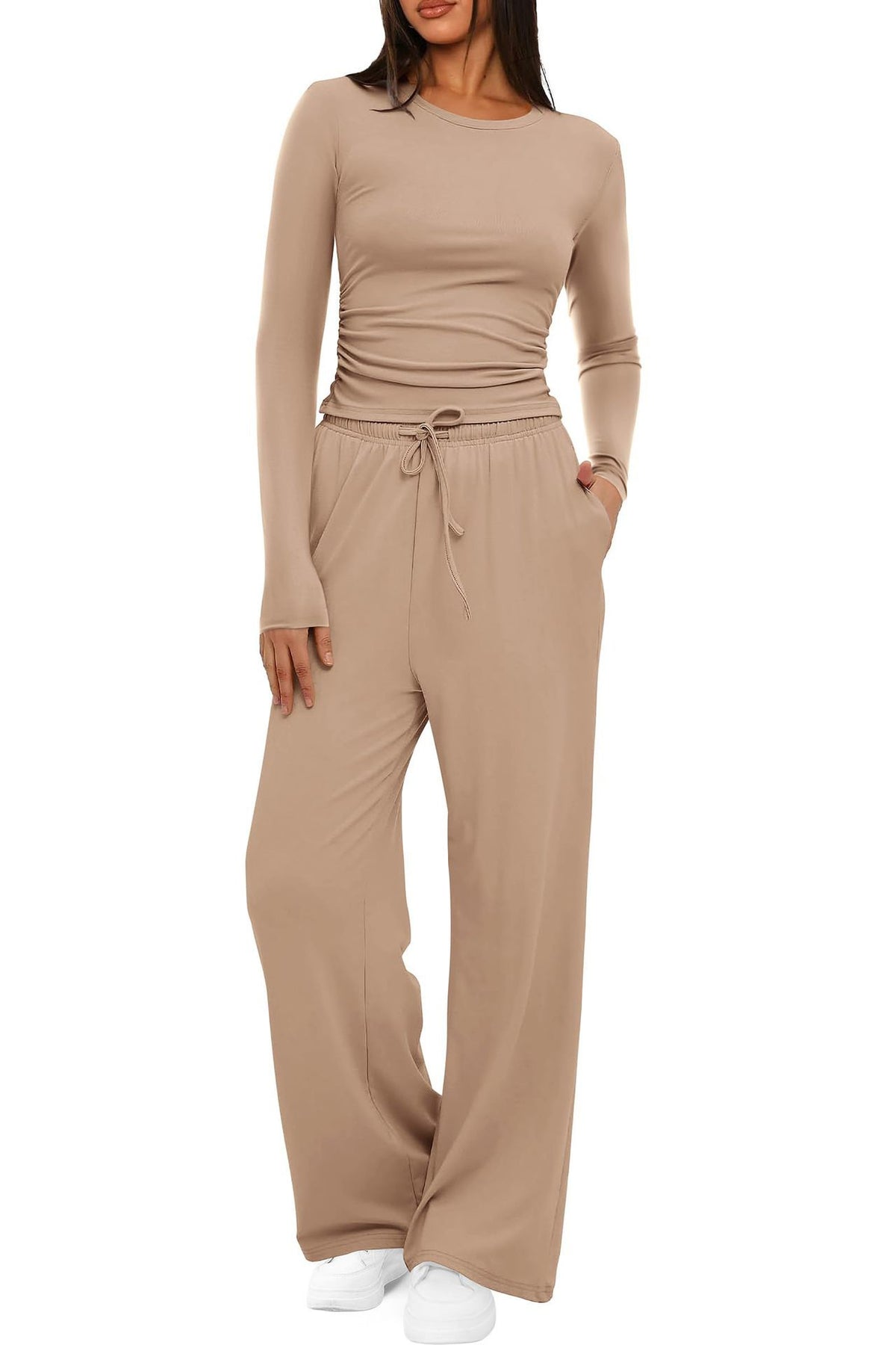 2 Pieces Women's Suit Autumn Winte Long Sleeve Tops High Waisted Wide Leg Pants Sportswear Female Clothes Solid Color Casual Suit - Grab & Glow