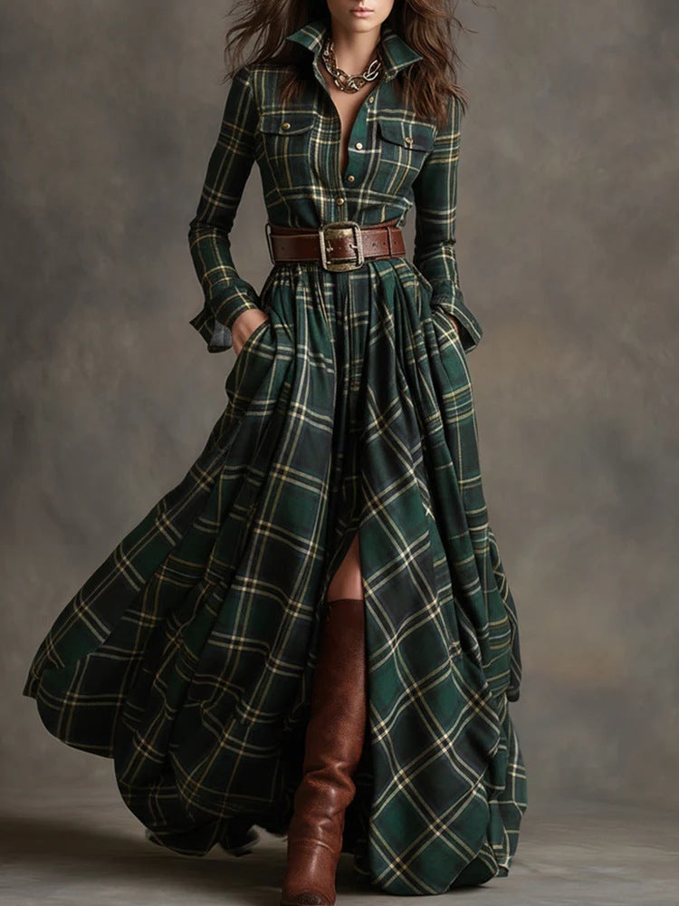 Ins Plaid Print Long-Sleeved Dress Fashion Pockets Collared Buttons Shirt Long Dresses Retro Women's Clothing - Grab & Glow