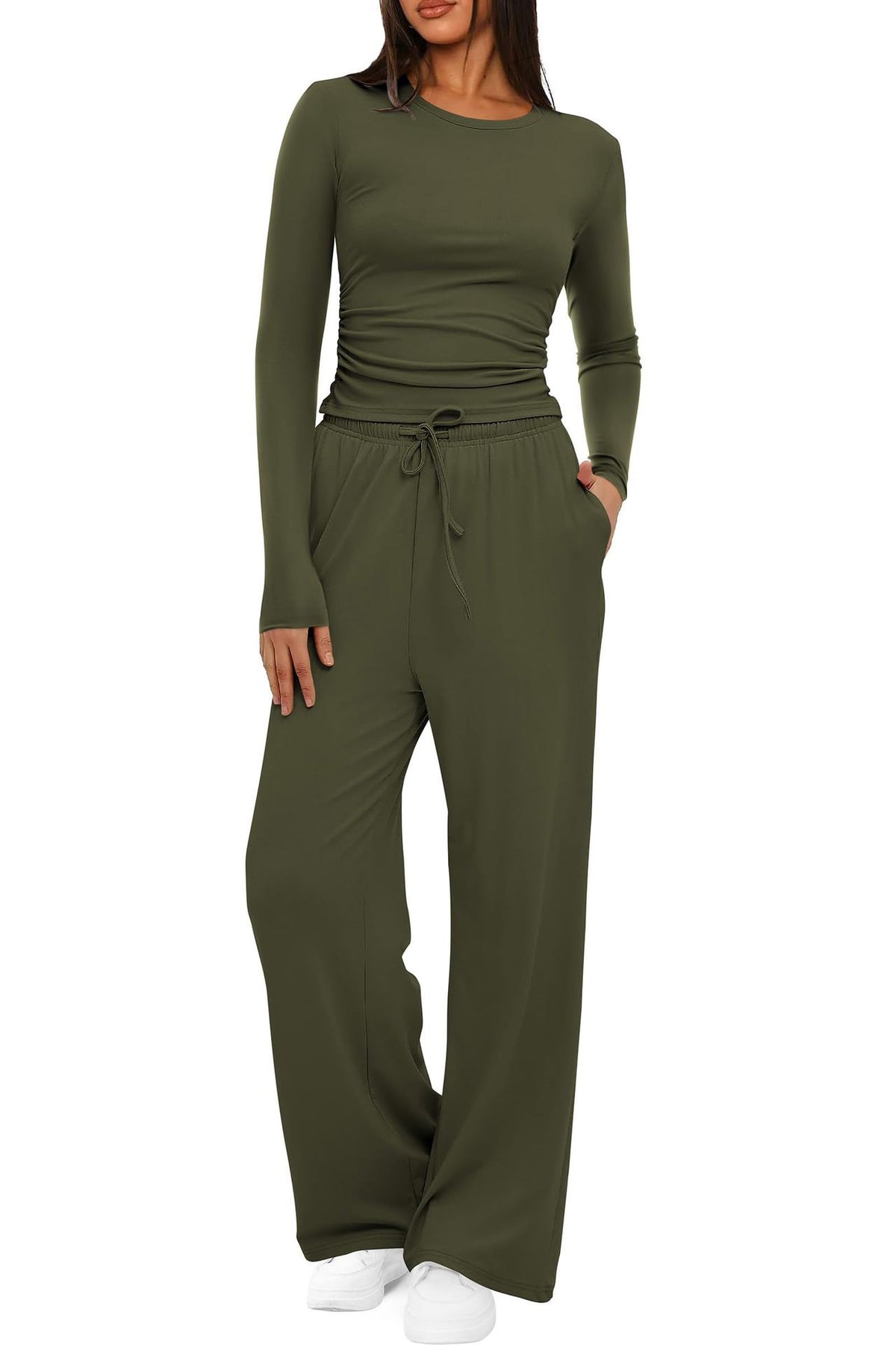 2 Pieces Women's Suit Autumn Winte Long Sleeve Tops High Waisted Wide Leg Pants Sportswear Female Clothes Solid Color Casual Suit - Grab & Glow