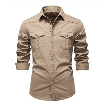 Men's Long-sleeved Denim Shirt Casual Solid Button Slim Tops Clothing - Grab & Glow
