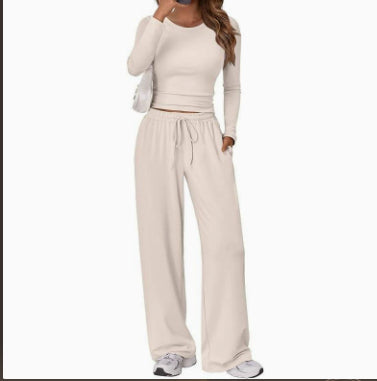 2 Pieces Women's Suit Autumn Winte Long Sleeve Tops High Waisted Wide Leg Pants Sportswear Female Clothes Solid Color Casual Suit - Grab & Glow