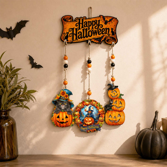 Happy Halloween Wooden Wall Hanger — Pumpkin, Cat & Bat Home Decor - Grab & Glow