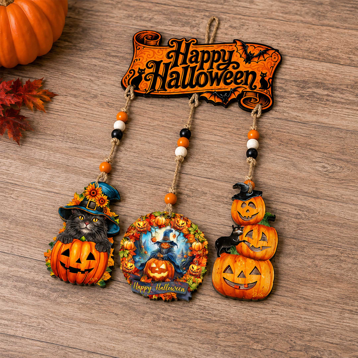 Happy Halloween Wooden Wall Hanger — Pumpkin, Cat & Bat Home Decor - Grab & Glow