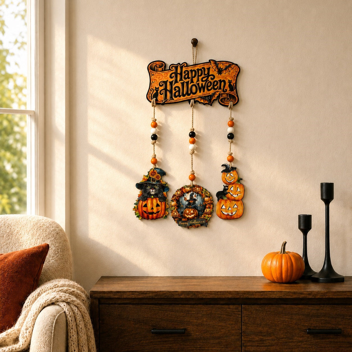 Happy Halloween Wooden Wall Hanger — Pumpkin, Cat & Bat Home Decor - Grab & Glow