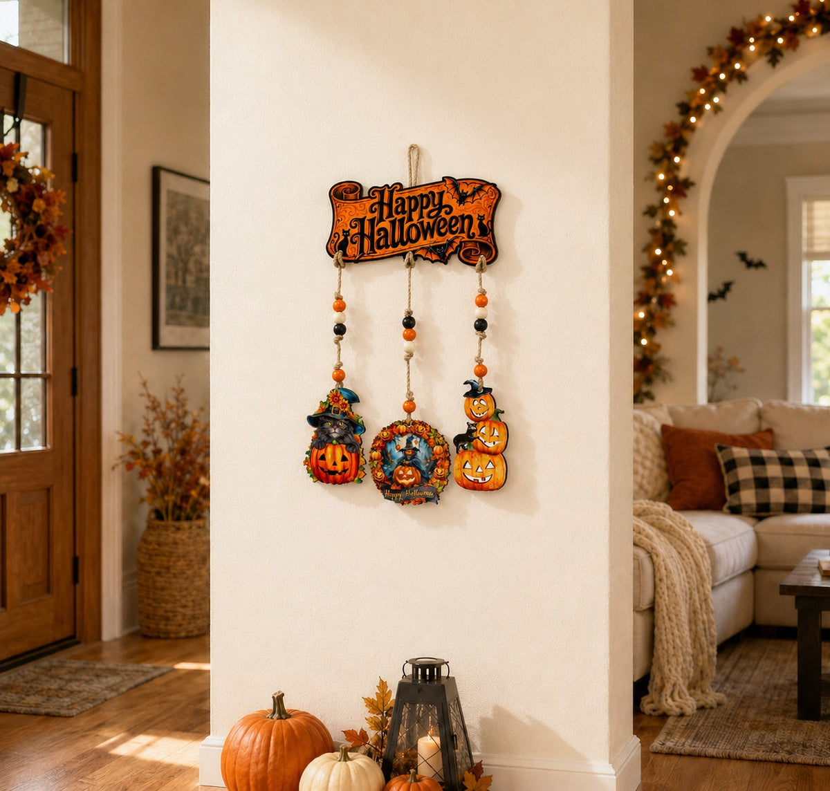 Happy Halloween Wooden Wall Hanger — Pumpkin, Cat & Bat Home Decor - Grab & Glow