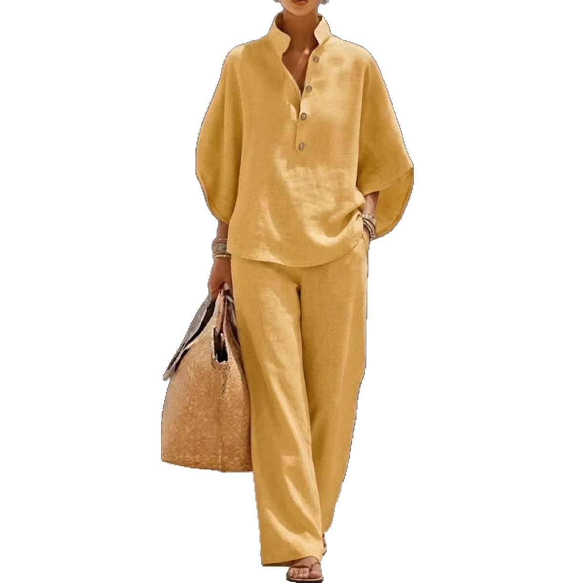 Women's Short-sleeved Suit Summer Loose Pullover Top And Straight-leg Trousers Outfit Clothing - Grab & Glow