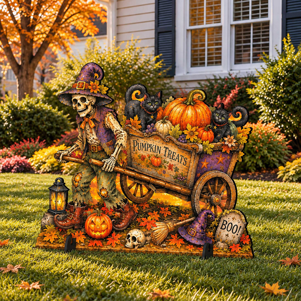 Pumpkin Treats Skeleton Cart Halloween Freestanding Outdoor Decoration by G. Debrekht – 8652907F - Grab & Glow