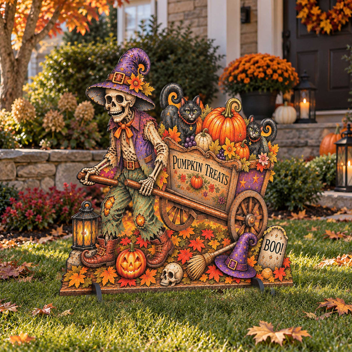 Pumpkin Treats Skeleton Cart Halloween Freestanding Outdoor Decoration by G. Debrekht – 8652907F - Grab & Glow