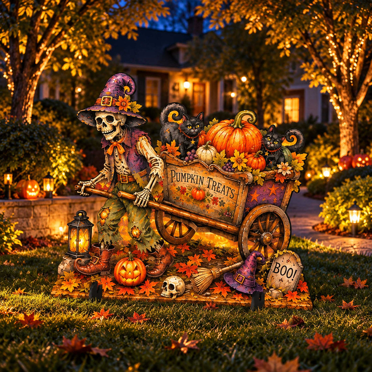Pumpkin Treats Skeleton Cart Halloween Freestanding Outdoor Decoration by G. Debrekht – 8652907F - Grab & Glow