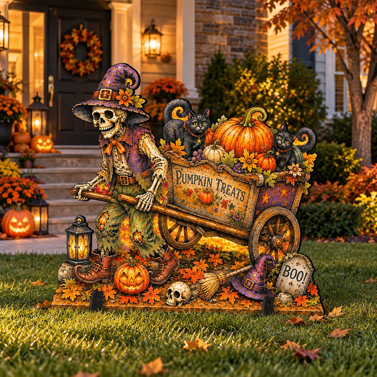 Pumpkin Treats Skeleton Cart Halloween Freestanding Outdoor Decoration by G. Debrekht – 8652907F - Grab & Glow