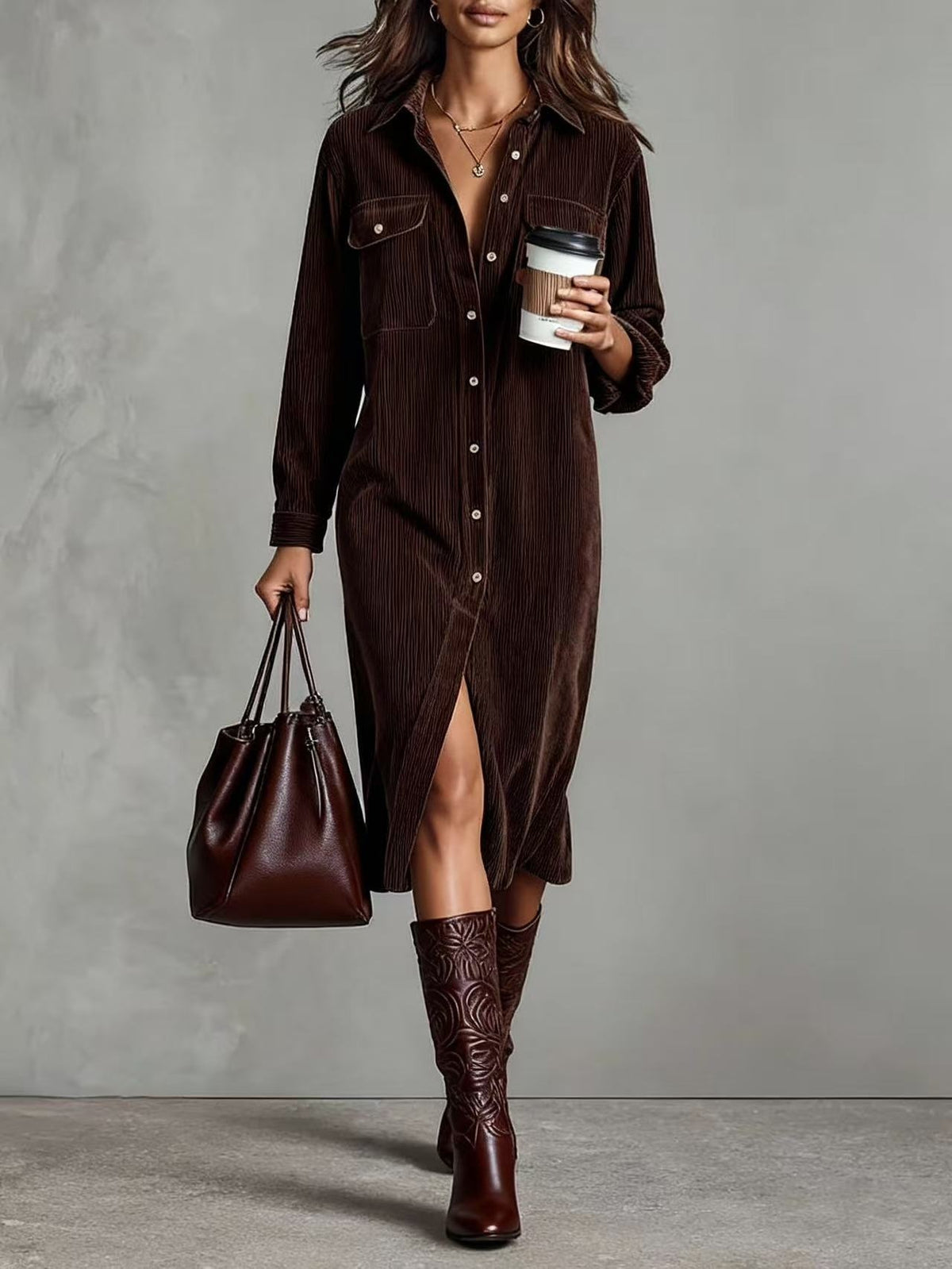 Long Sleeve Turn-Down Collar Button Dress - Grab & Glow