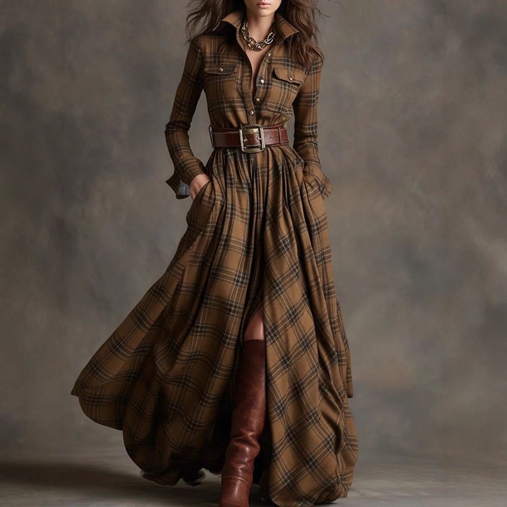 Ins Plaid Print Long-Sleeved Dress Fashion Pockets Collared Buttons Shirt Long Dresses Retro Women's Clothing - Grab & Glow